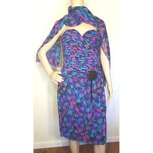 Vintage A J Bari Vibrant Knee Length Strapless Dress with Scarf Size 10      T44